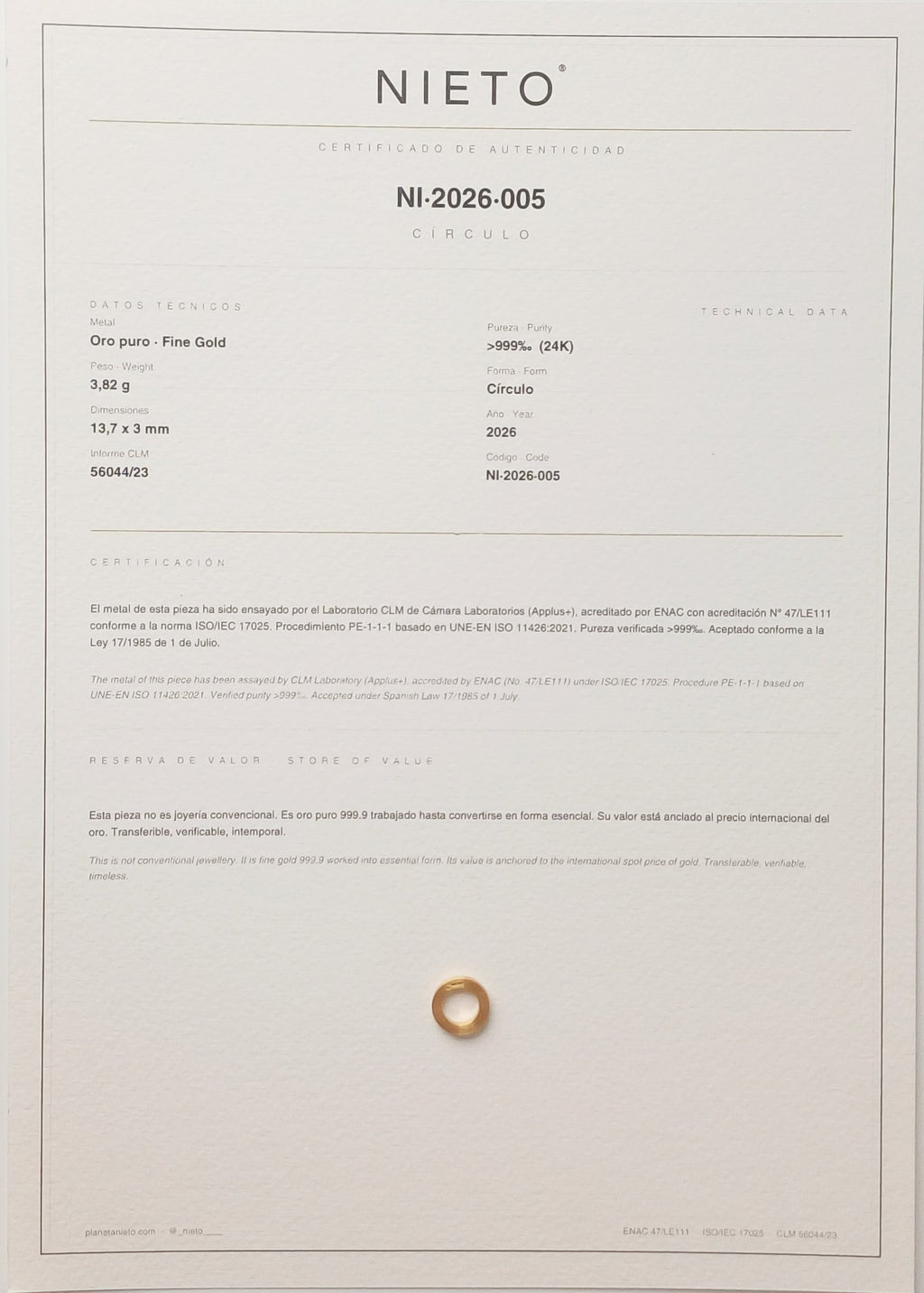 Circulo de Oro puro 999.9
